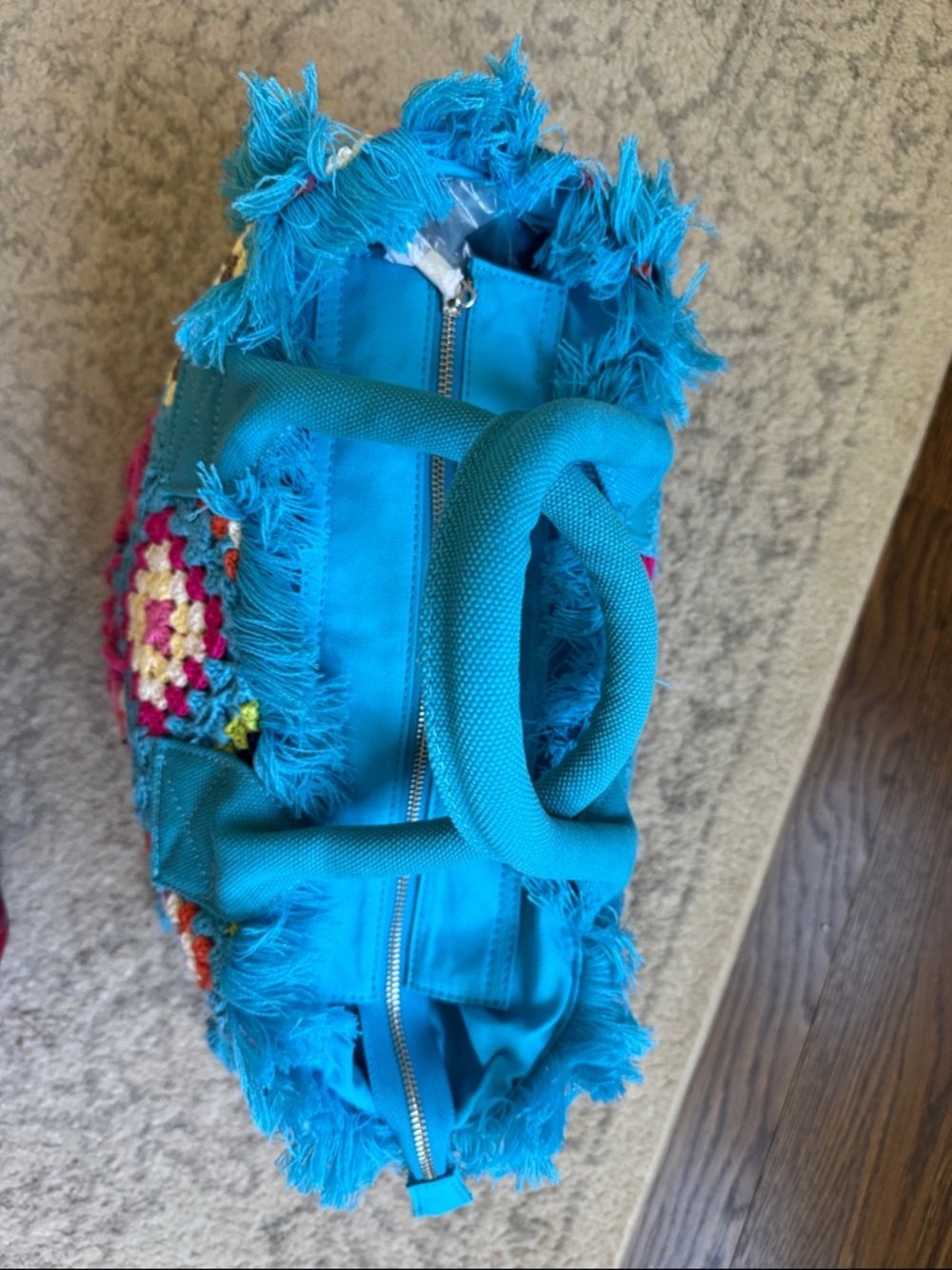 MC2 Saint Barth Turquoise Crochet Granny Square Tote with Pink Script MEDIUM - Picture 2 of 5